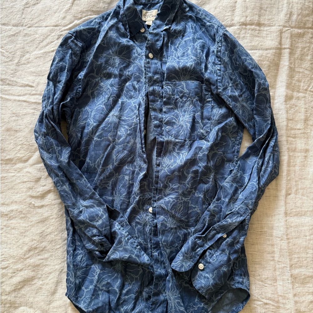 J. Crew Slim Fit 100% linen Navy Floral Button Down Shirt size XS